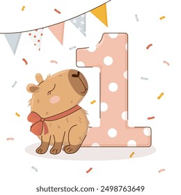 First birthday party invitation with a cute capybara in hand-drawn style. Amusing capibara character. Vector templates for party, event.