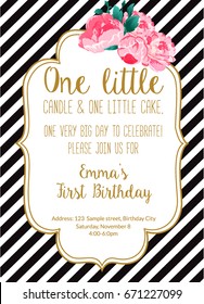 First Birthday Party Invitation Girl, With Text One Little Candle And One Little Cake, One Year Old Stripes With Flowers Peonies Printable Invite