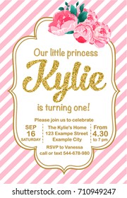 First Birthday Party Invitation Girl, Kylie Is Turning One, Template With Stripes And Flowers Peonies Printable Invite. Golden Glitter Text. Vector.