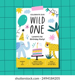 First birthday party invitation template. Jungle animals and plants. Vector illustration