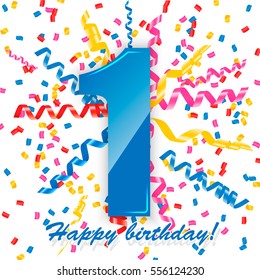 First Birthday Sign With Confetti And Streamers, Vector Illustration