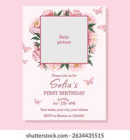 Modelo de primeiro aniversário com moldura de foto, peônias cor-de-rosa e elementos de design doce, perfeito para comemorar e lembrar o dia especial de uma menina bebê