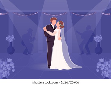 First bride and groom dance flat color vector illustration. Wedding party. Night entertainment. Spotlight on couple on dancefloor. Groom and bride 2D cartoon characters with musical band on background