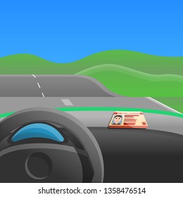 First car drive concept background. Cartoon illustration of first car drive vector concept background for web design