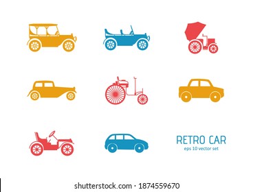 First cars - vector icons set. Symbol for web, infographics, print design and mobile UX UI kit. Vector illustration, EPS10.