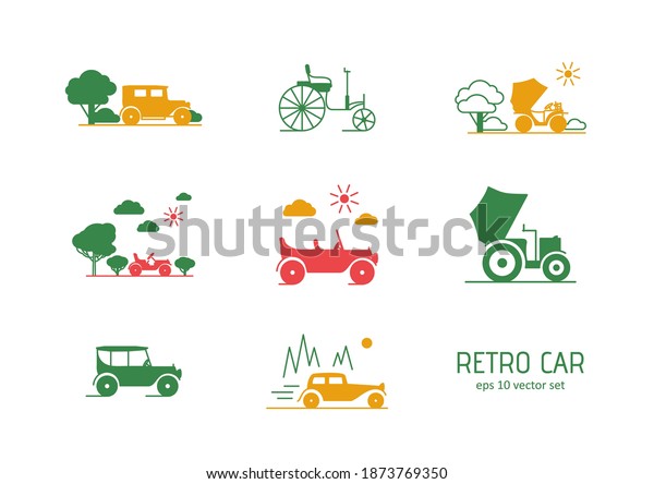 First\
cars - vector icons set. Symbol for web, infographics, print design\
and mobile UX UI kit. Vector illustration,\
EPS10.