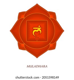 The first chakra of Muladhara. Root chakra with Hindu Sanskrit. Red is a flat symbol of meditation, yoga. Vector