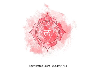 First chakra of Muladhara, root chakra logo template in watercolor style. Red sacral sign meditation, yoga round mandala icon vector isolated on white background 