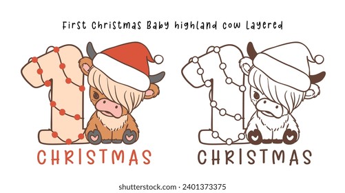 First Christmas baby cow highland cartoon layered hand drawing outline.