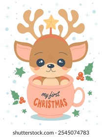 First Christmas baby-girl reindeer sitting in the pink cup. Cute joyful deer animal in the mug. Happy Holiday cartoon character hand drawing. Holly berries, stars, snow. Vector illustration.