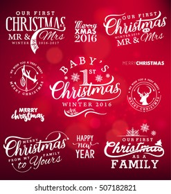 First Christmas Design Elements on Red Shiny Background. Typography Template for Greeting Cards and Invitations