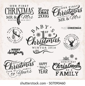 First Christmas as Family, Baby, Mr & Mrs Christmas Design Elements in Vintage Style. Typography Template for Greeting Cards and Invitations on Beige Grungy Background