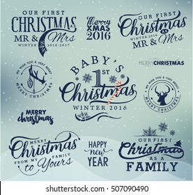 First Christmas as Family, Baby, Mr & Mrs Christmas Design Elements in Vintage Style on Blue Snowy Background. Typography Template for Greeting Cards and Invitations