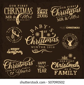 First Christmas as Family, Baby, Mr & Mrs Christmas Design Elements in Vintage Style on Brown background. Typography Template for Greeting Cards and Invitations