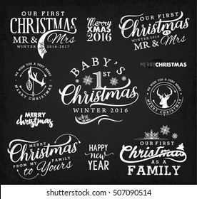 First Christmas as Family, Baby, Mr & Mrs Christmas Design Elements in Vintage Style on Chalkboard. Typography Template for Greeting Cards and Invitations