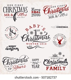 First Christmas as Family, Baby, Mr & Mrs Christmas Design Elements in Vintage Style. Typography Template for Greeting Cards and Invitations on Beige Grungy Background