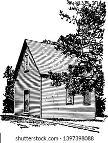 The first church of salem founded by the Puritan colonistsvintage line drawing or engraving illustration.