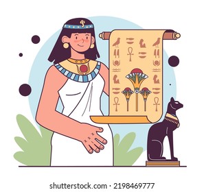 First civilization origin. Ancient language and writing development. Egypt hieroglyphs written on papyrus. Humanity history, anthropology studying concept. Flat vector illustration