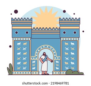 First civilization origin. Ancient Sumerian culture. Ishtar gate in Mesopotamia state. Humankind history. Humanity ancestors, anthropology studying concept. Flat vector illustration