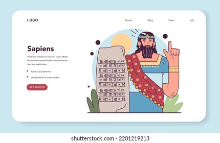 First civilization origin web banner or landing page. Ancient Sumerian language and writing. Clay tablet written in cuneiform script. Humankind history. Anthropology studying. Flat vector illustration