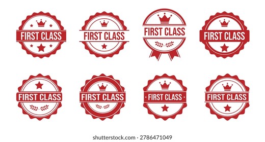 First class badge collection featuring premium award labels certification emblems and vintage quality stamp designs for branding marketing and business projects