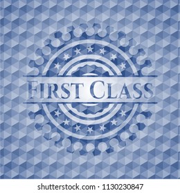First Class blue badge with geometric pattern background.