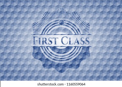 First Class blue emblem with geometric pattern.