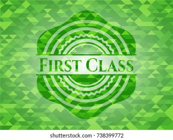 First Class green emblem. Mosaic background