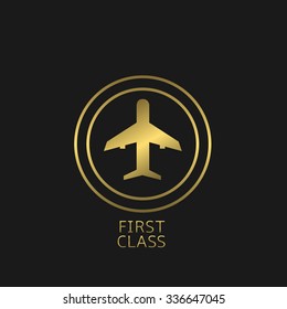 First class label. Golden airplane symbol, Vector illustration