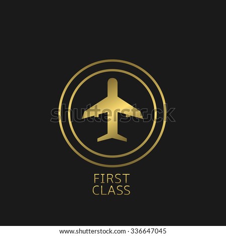 First class label. Golden airplane symbol, Vector illustration