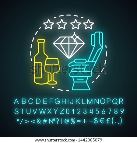 First class neon light icon. Passenger seat. Aircraft travel class seating. Comfort, vip. Glass of champagne. Glowing sign with alphabet, numbers and symbols. Vector isolated illustration