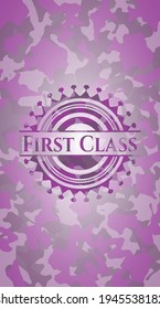 First Class pink and purple camouflaged emblem. Vector Illustration. Detailed. 