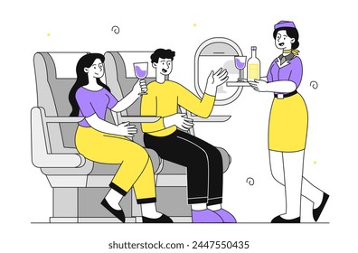 Plano lineal de primera clase. Las azafatas atienden a clientes y viajeros. Festiva y vacaciones, vuelos. Bandeja con botella y vasos con bebidas alcohólicas. Ilustración vectorial plana simple