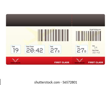 first class plane ticket or boarding pass in red with barcode