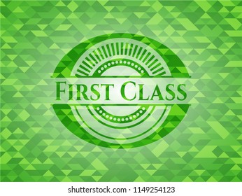 First Class realistic green emblem. Mosaic background