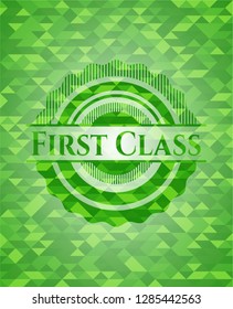 First Class realistic green emblem. Mosaic background