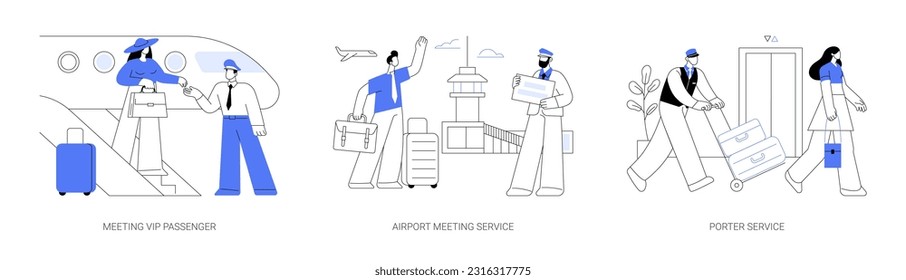 Erstklassige Reise-abstrakte Konzept Vektorgrafik Set. Treffen VIP-Passagier, Flughafen-Meeting-Service, Portier-Service, Passagier aus dem Flugzeug, Geschäftsreise abstrakte Metapher.