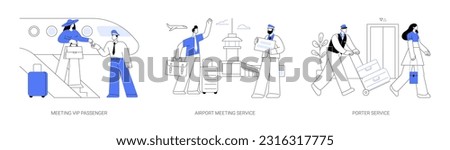 First class travel abstract concept vector illustration set. Meeting VIP passenger, airport meeting service, porter service, passenger exits the plane, business travel abstract metaphor.