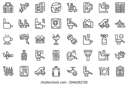 First class travel icons set. Outline set of first class travel vector icons for web design isolated on white background