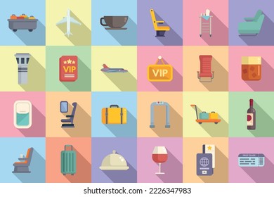 First class travel icons set flat vector. Airplane service. Seat traveler