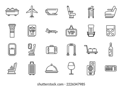 Iconos de viaje de primera clase establecen el vector de contorno. Servicio de avión. Viajero de asiento