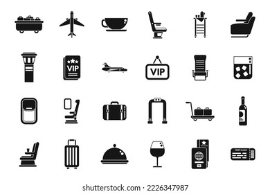 First class travel icons set simple vector. Airplane service. Seat traveler