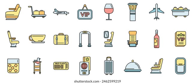 First class travel icons set outline vector. Airplane service. Seat traveler thin line color flat on white