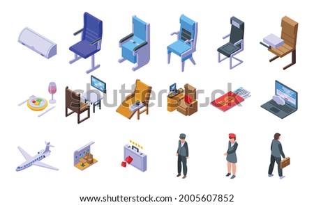 First class travel icons set. Isometric set of first class travel vector icons for web design isolated on white background