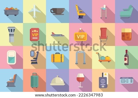 First class travel icons set flat vector. Airplane service. Seat traveler