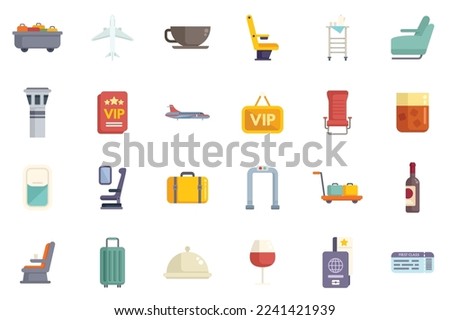 First class travel icons set flat vector. Airplane service. Seat traveler isolated
