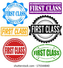 First class vintage grunge rubber stamps set on white, vector illustration