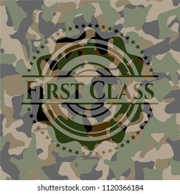 First Class written on a camouflage texture