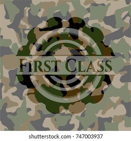 First Class written on a camouflage texture