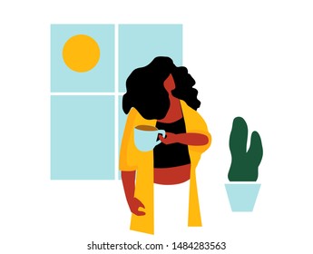 First coffee in the morning. Morning routine.  Funky flat vector illustration.